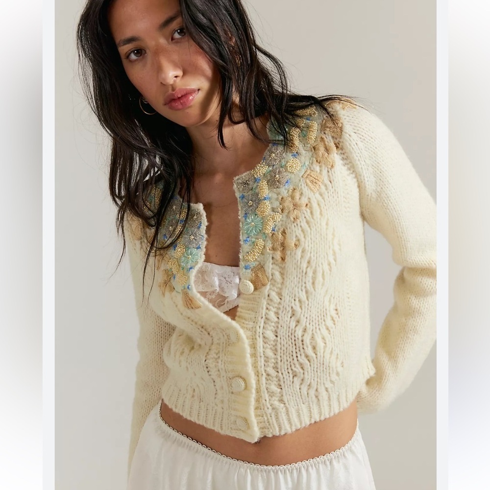 Free People One Pixie Embroidered Beaded Whimsical Ivory Cream 3/4 Sweater sz S